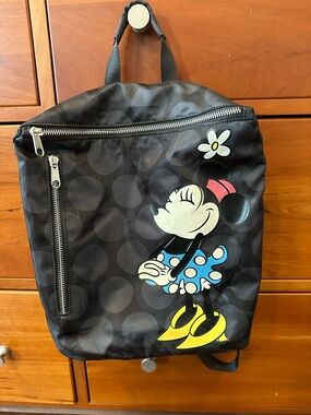 Disney Minnie Mouse Black Polka Dot Backpack with Blue Dress and Yellow Shoes